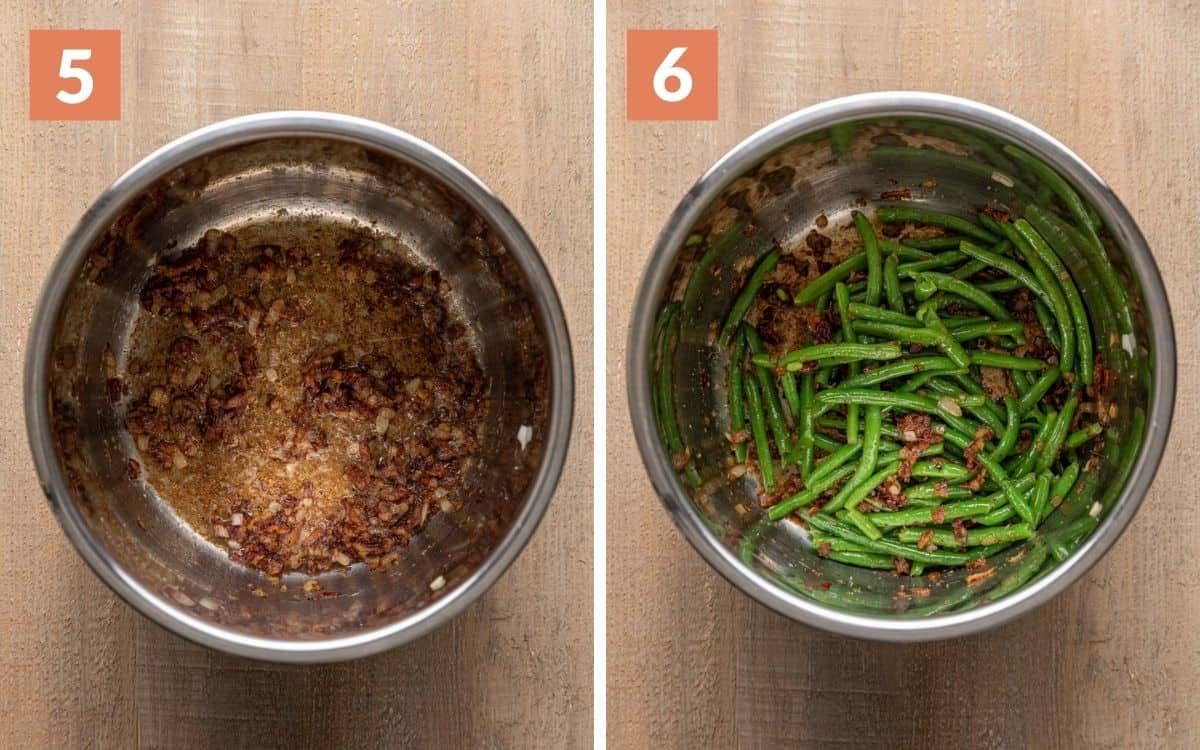 steps 5 & 6 garlic, onion, and bacon cooked green beans tossed with everything in the pot