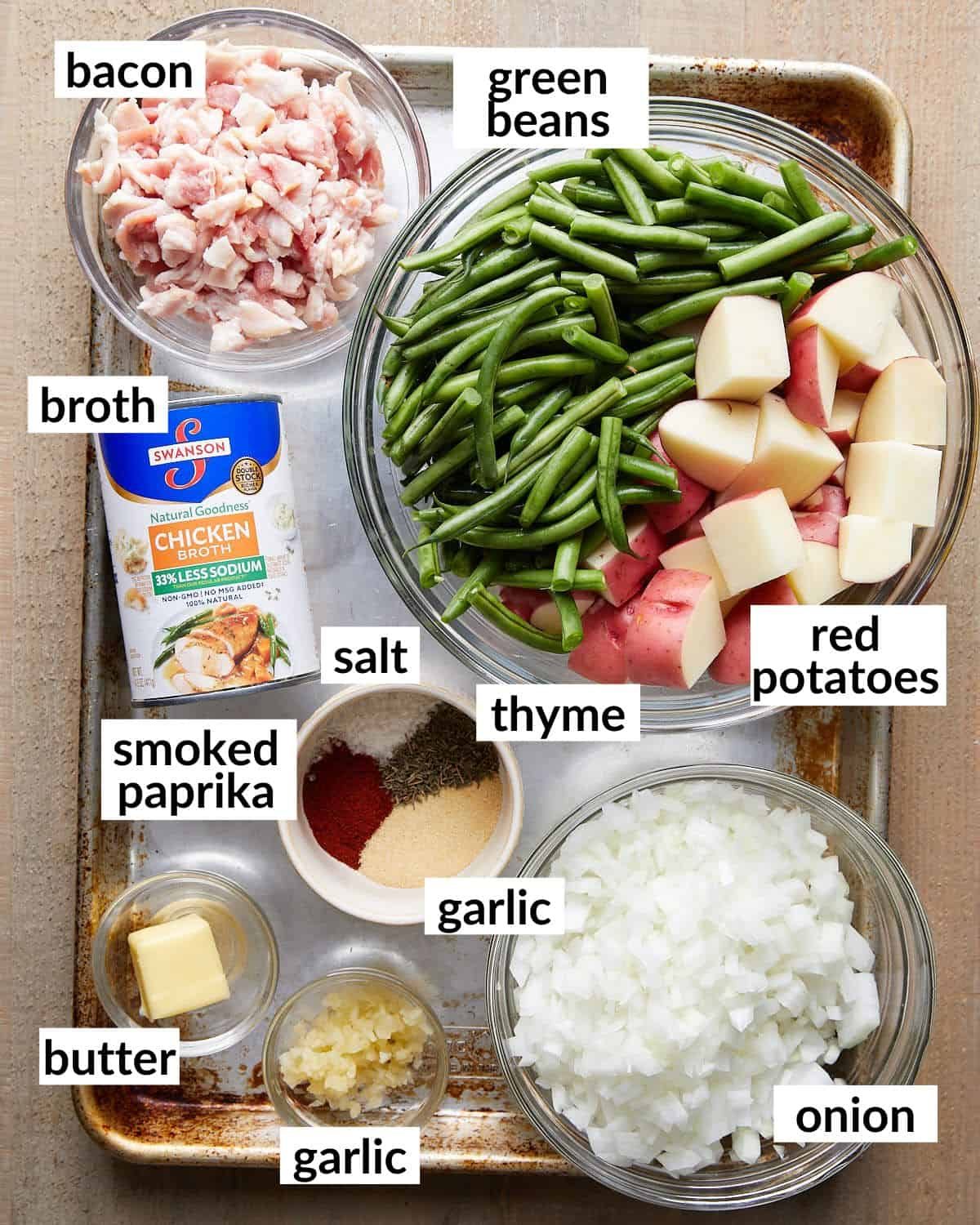 Overhead image of ingredients needed to make green beans and potato recipe.