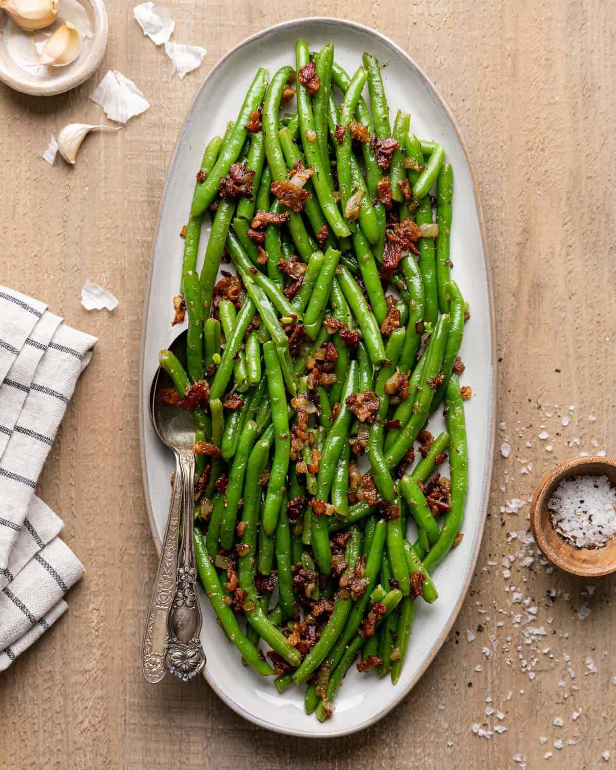 Instant pot southern green beans on a large platter.