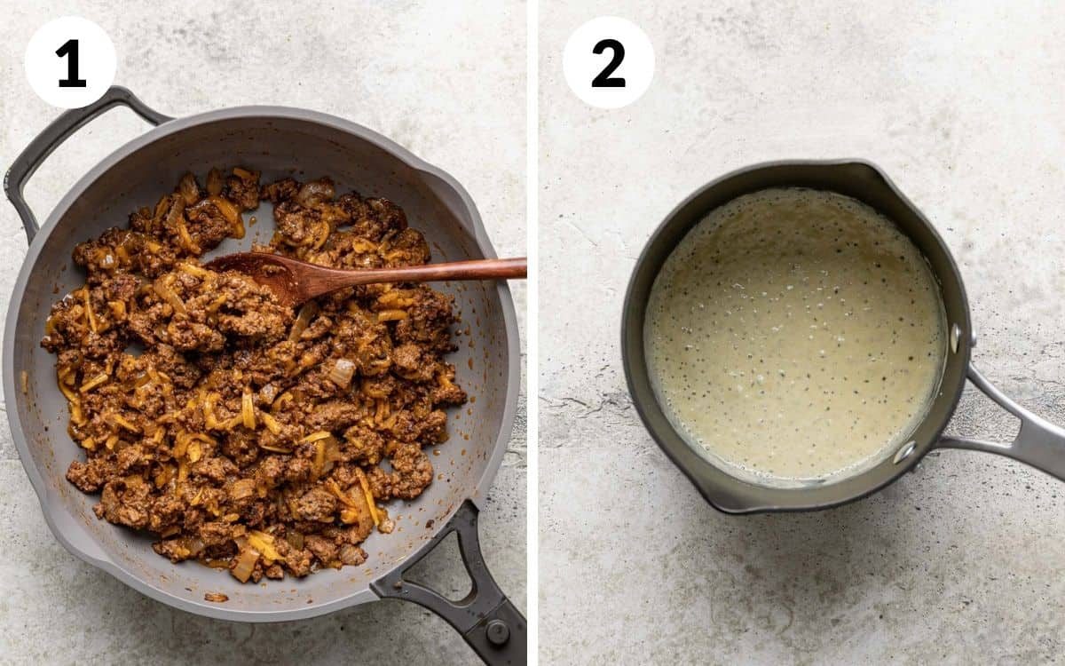steps 1 & 2 meat in skillet butter and flour in saucepan