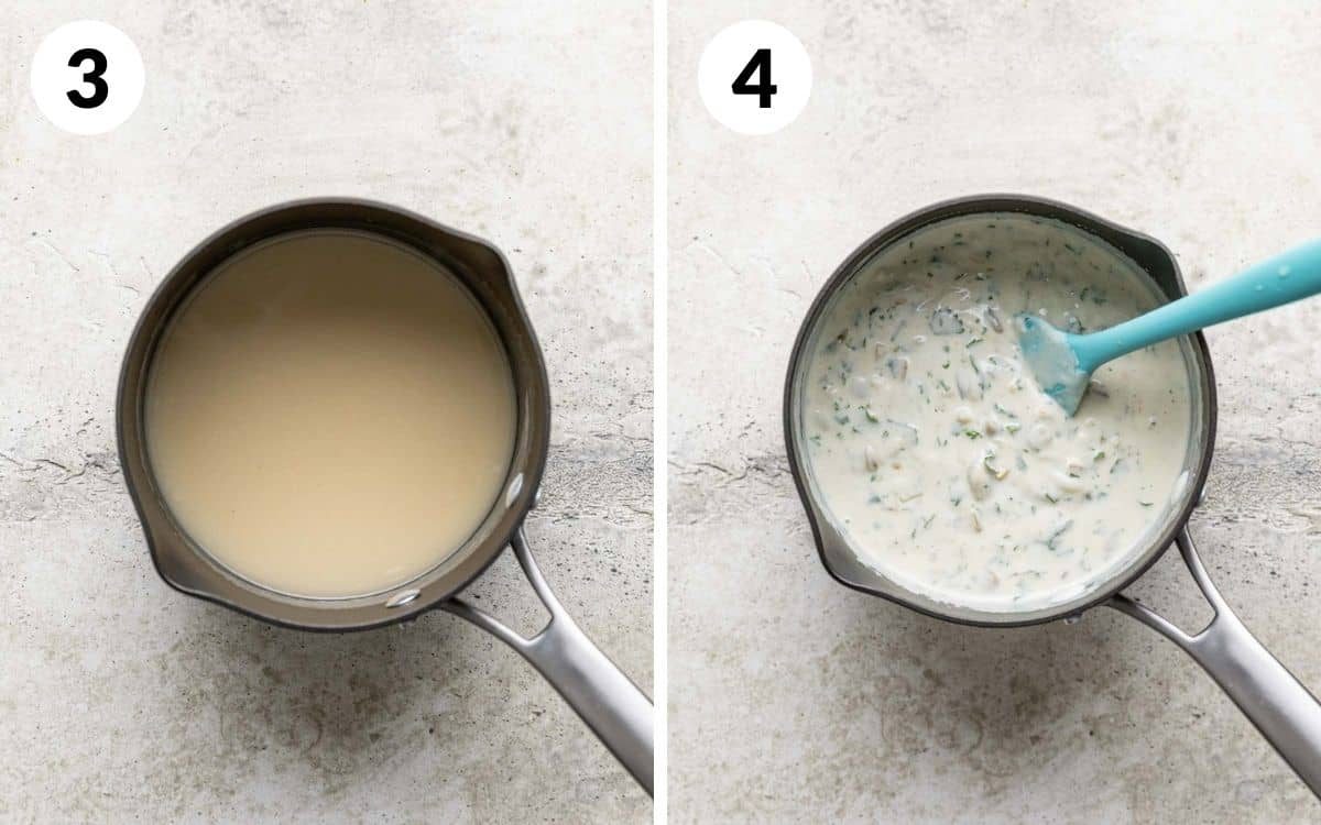 steps 3 & 4 spices and broth added to flour paste all sauce ingredients in saucepan