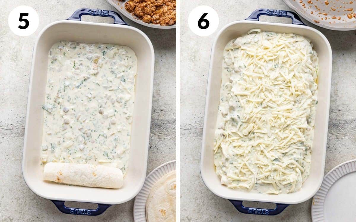 steps 5 & 6 sauce in bottom on pan with one rolled enchilada unbaked pan of enchiladas with sauce on top