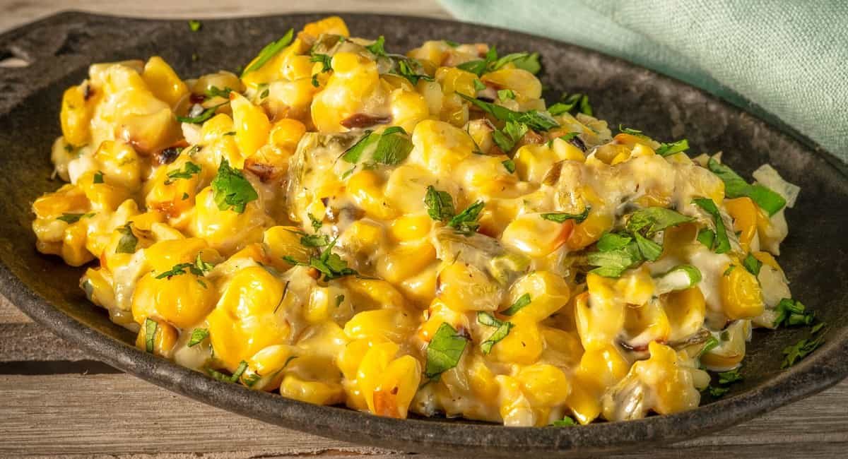 Up close image of Texas-style creamed corn with poblano peppers.
