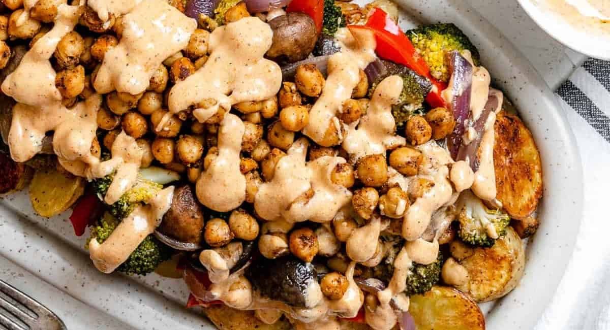 Overhead image of roasted potato salad.