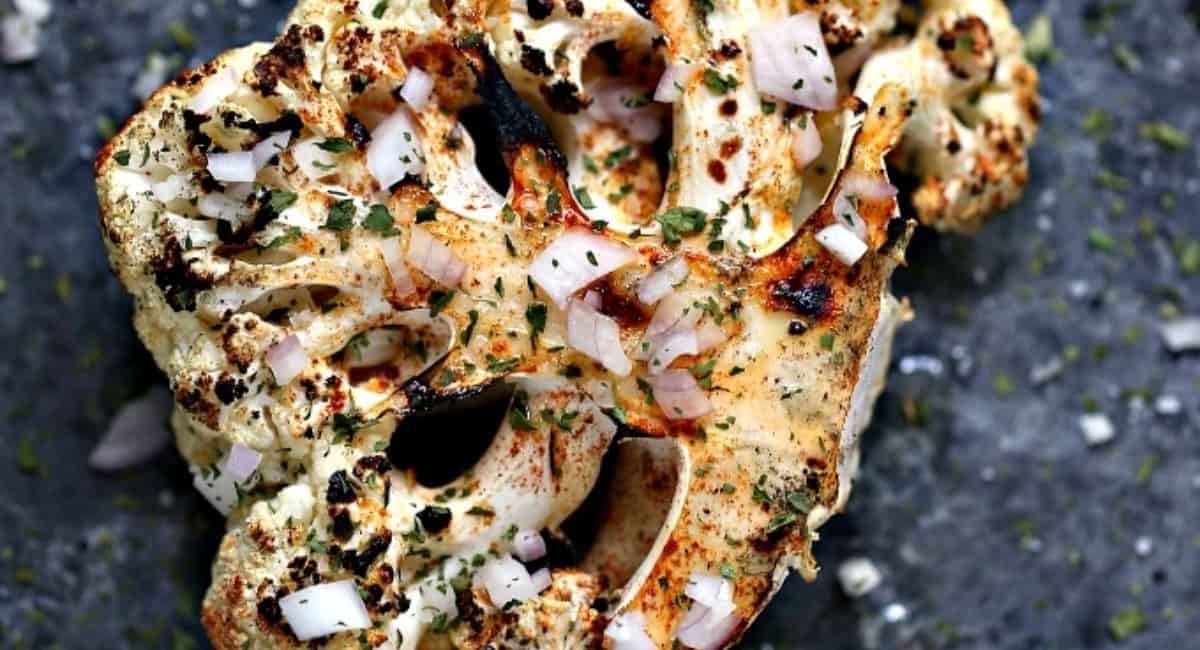 Overhead image of grilled spicy cauliflower steaks.