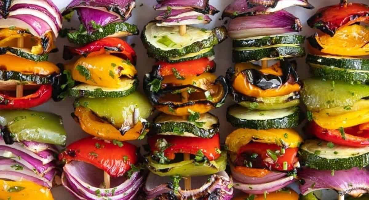 Overhead image of grilled veggie skewers.
