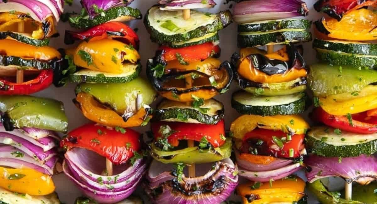 Overhead image of veggie skewers.