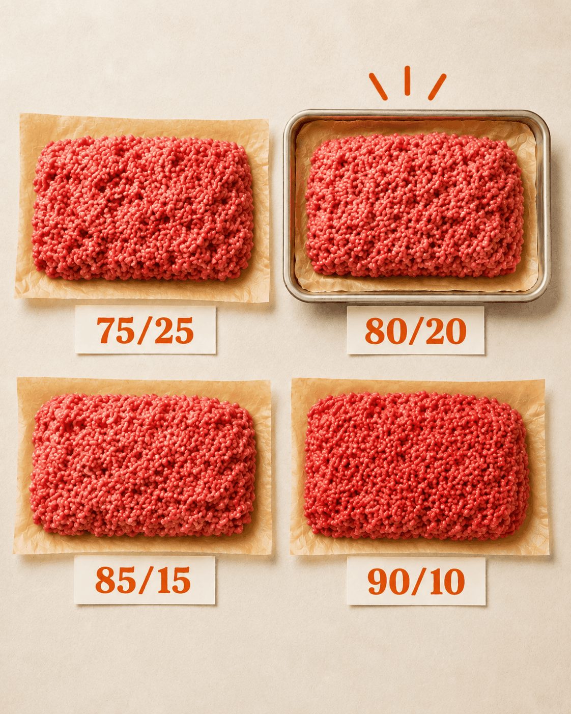 Four portions of raw ground beef labeled 75/25, 80/20, 85/15, and 90/10 to compare fat ratios for burgers.