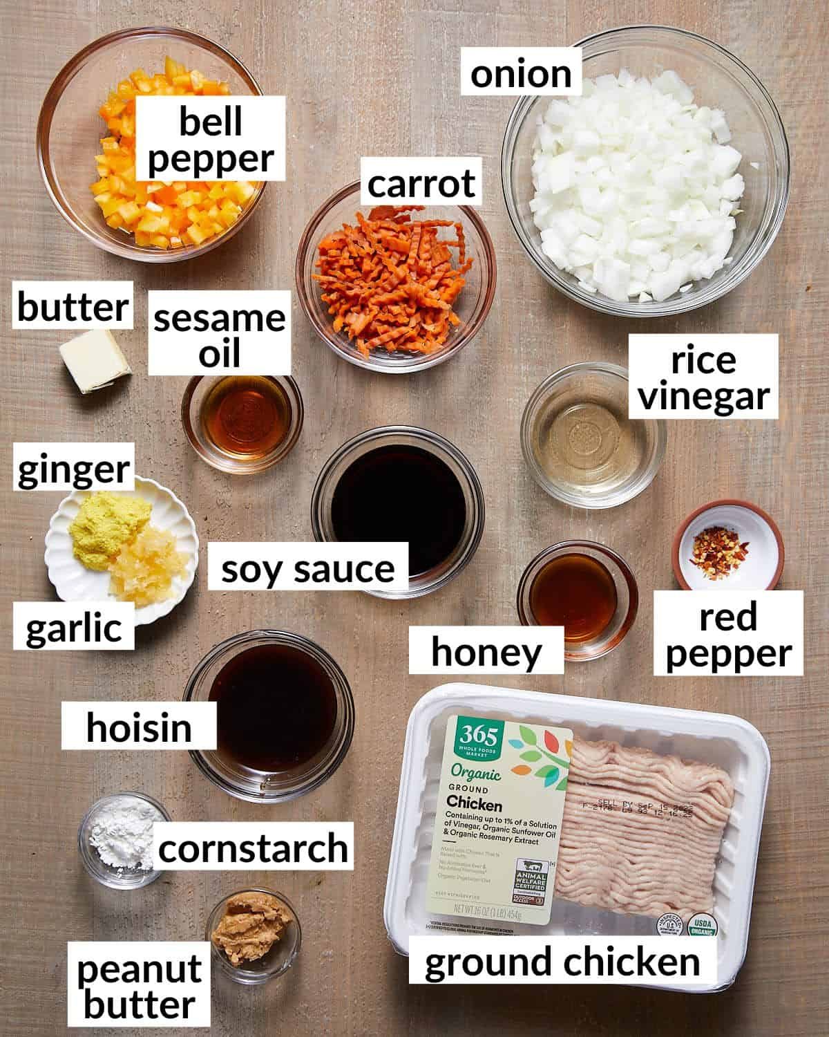 Ingredients needed to make ground chicken lettuce wraps.