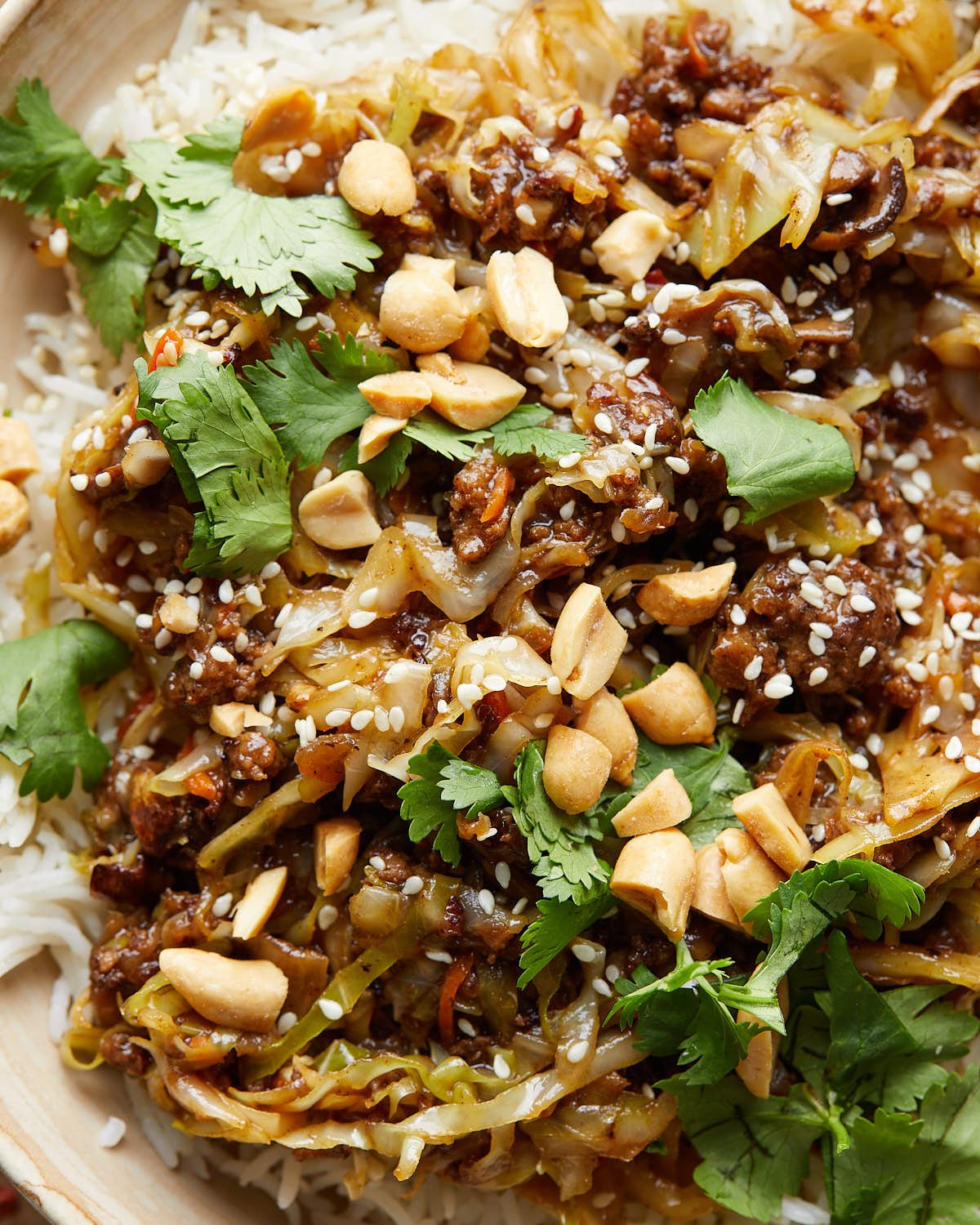 Up close image of ground pork stir fry with garnish.
