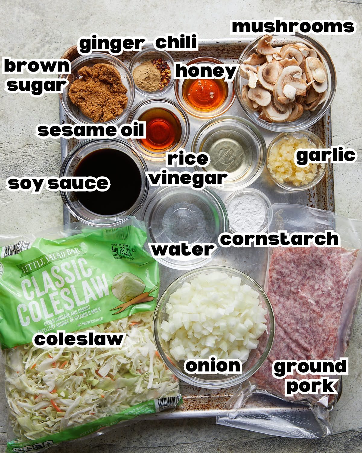 Overhead image of ingredients needed to make ground pork stir fry.
