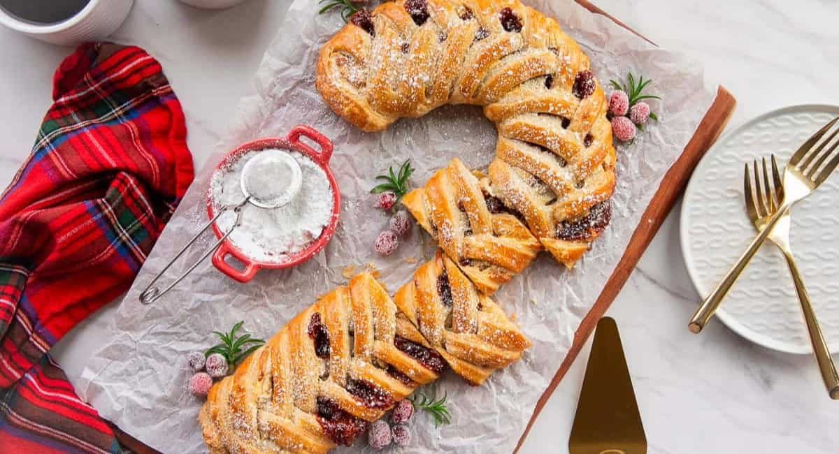 Overhead image of guava cream cheese candy cane pastry.