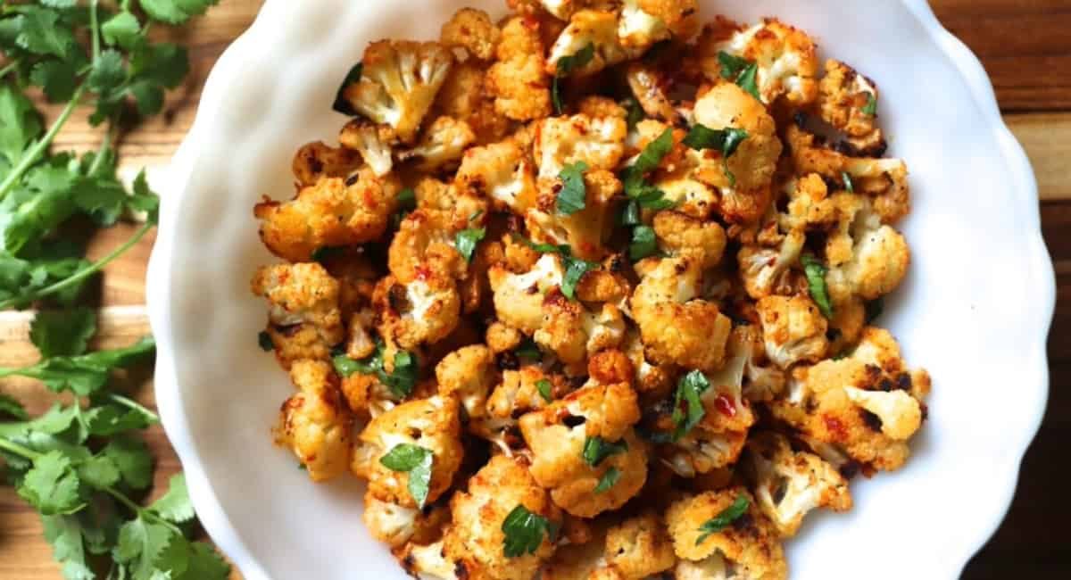 Overhead image of harissa roasted cauliflower.