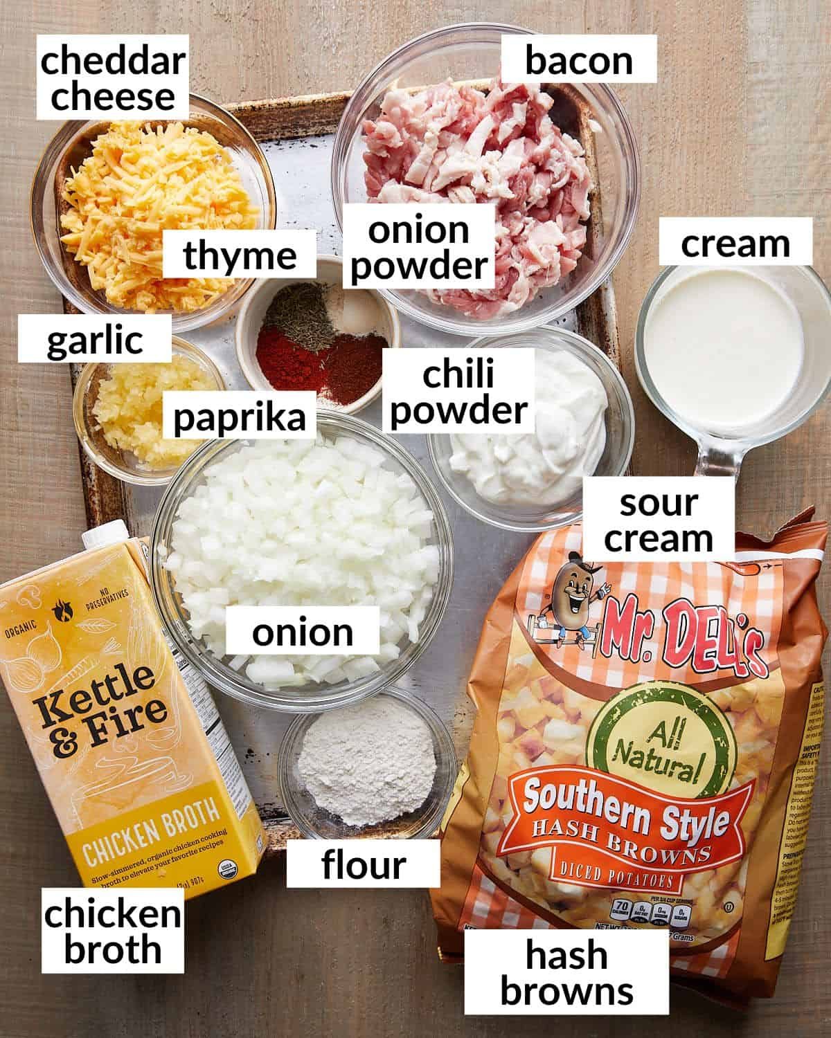 Overhead image of ingredients needed to make crockpot potato soup with hash browns.