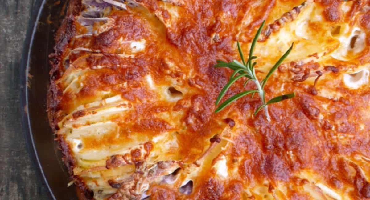 Overhead image of hasselback potatoes au gratin.
