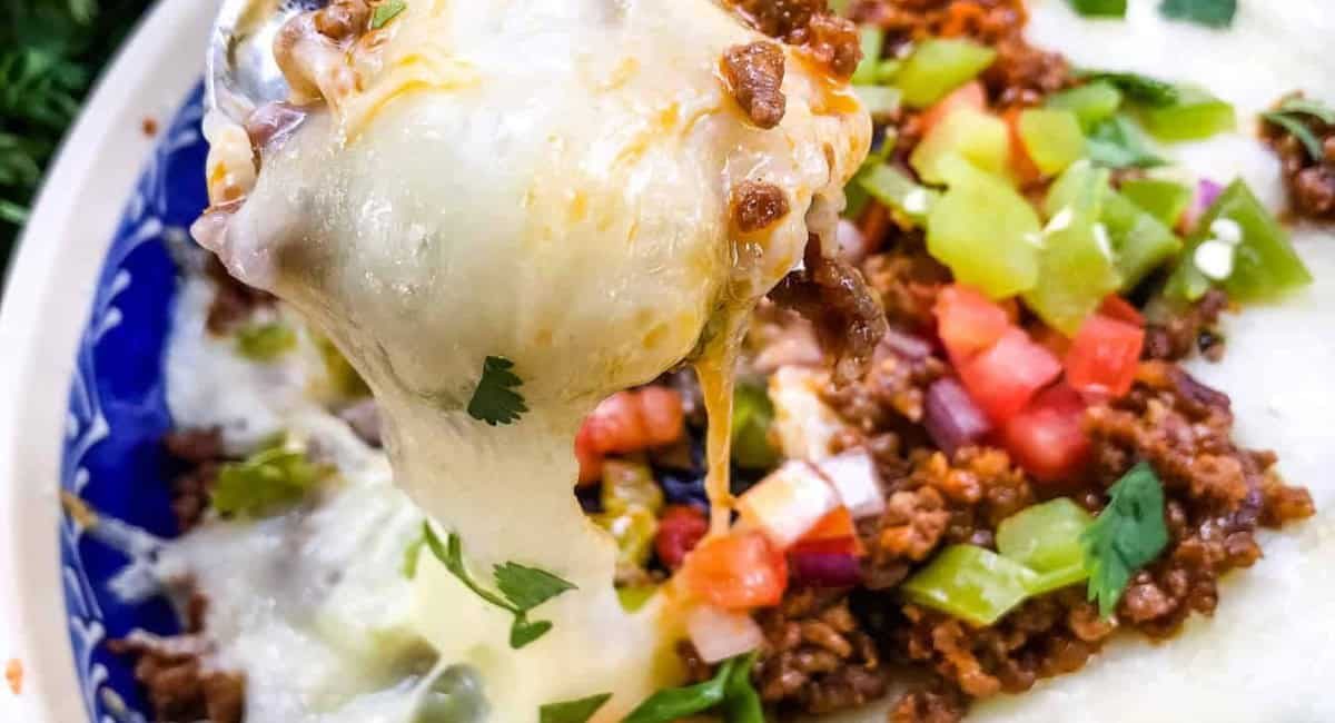 Overhead image of hatch green chile chorizo queso fundido.