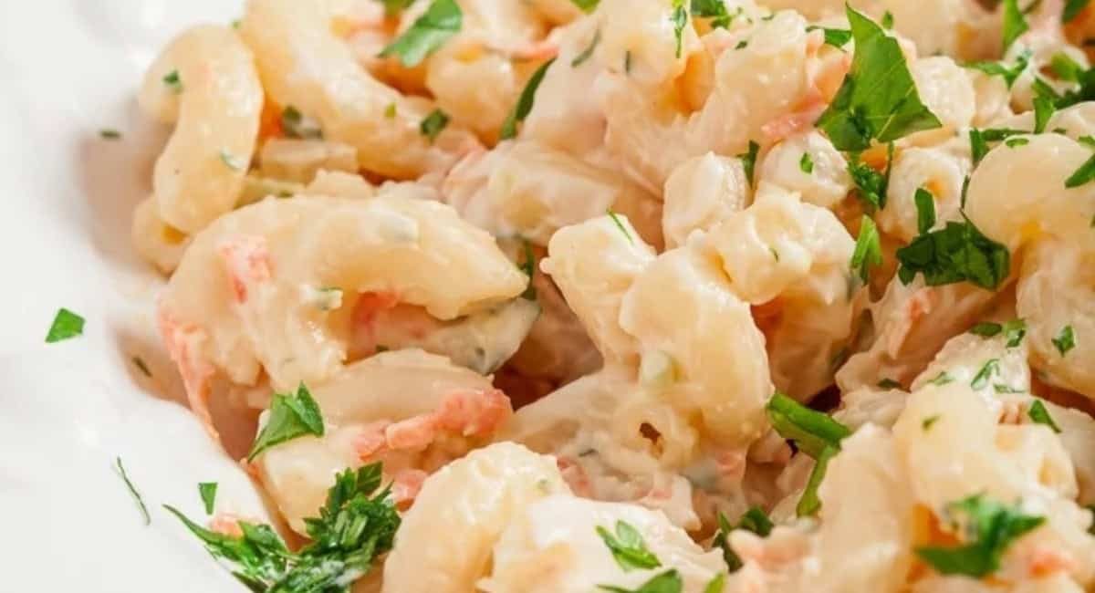 Up close image of Hawaiian macaroni salad with garnish.