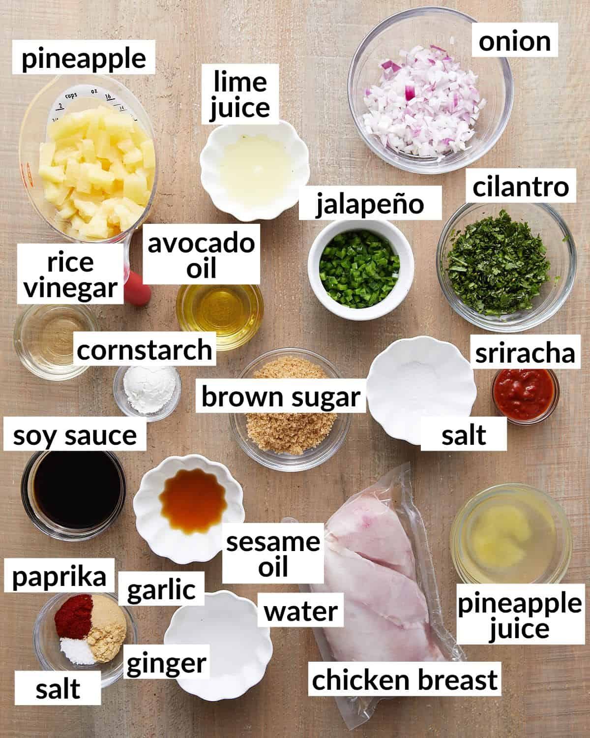 Overhead image of ingredients needed for Hawaiian chicken tacos.