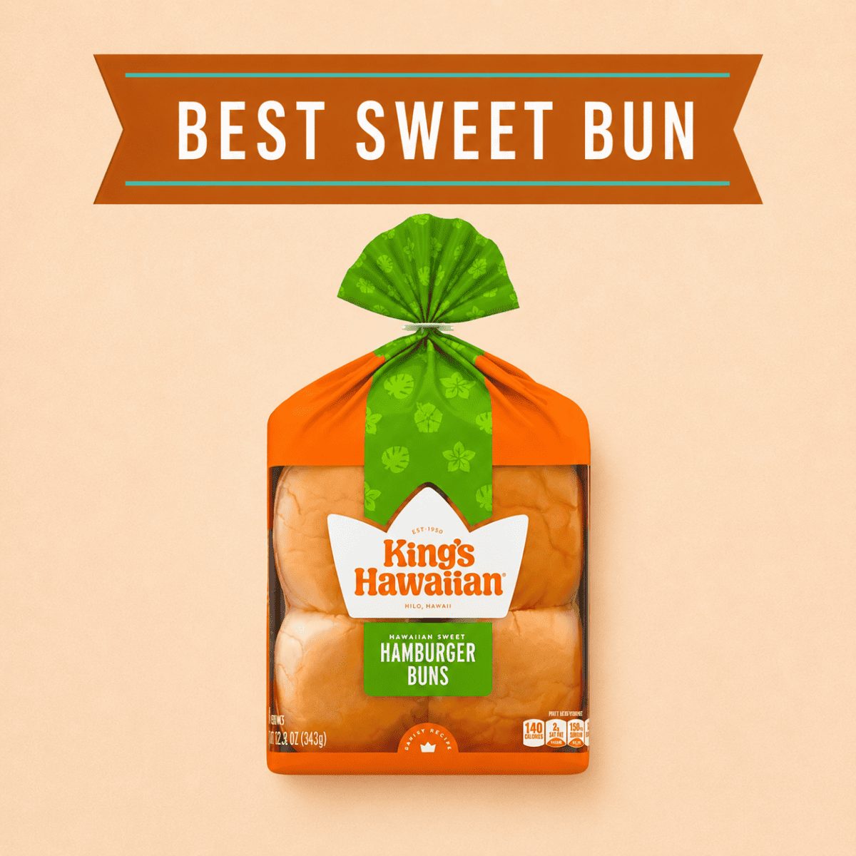 Package of King’s Hawaiian Hamburger Buns labeled as the best sweet bun for burgers.