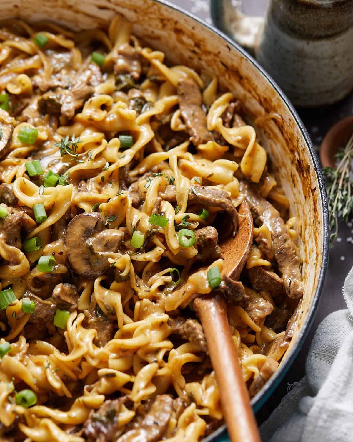 Close up image of healthy beef stroganoff with garnish.