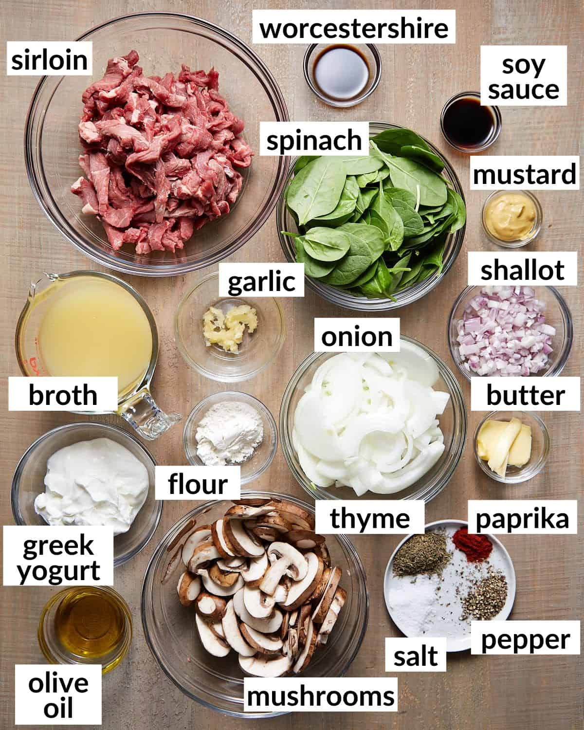 Photo of ingredients needed to make healthy beef stroganoff,