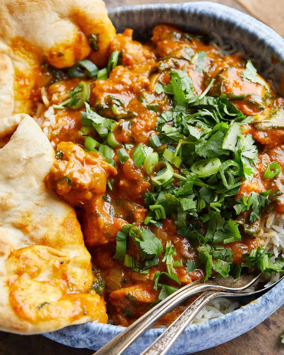 Up close image of healthy chicken curry with garnish.