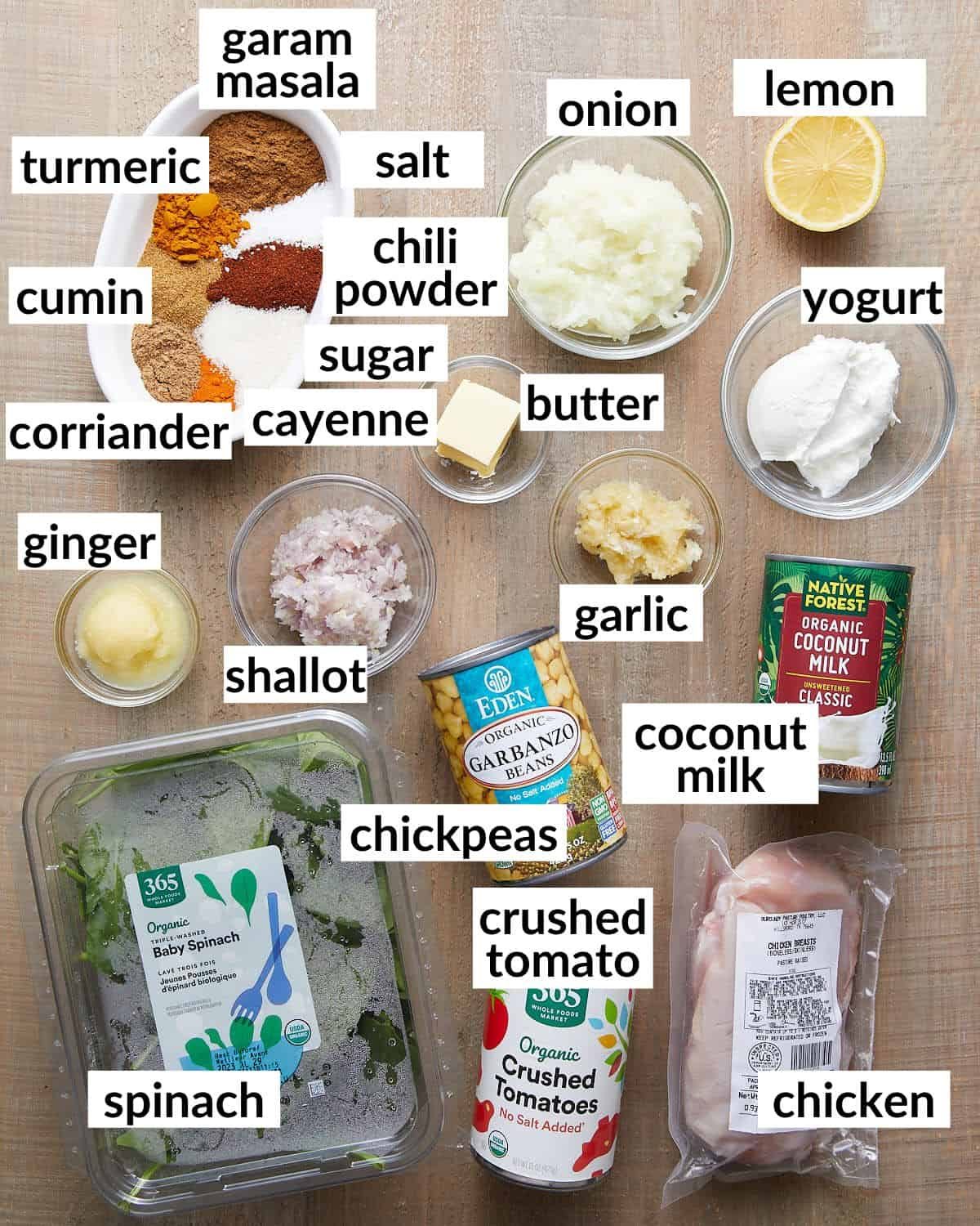 Overhead image of ingredients needed for healthy chicken tikka masala.