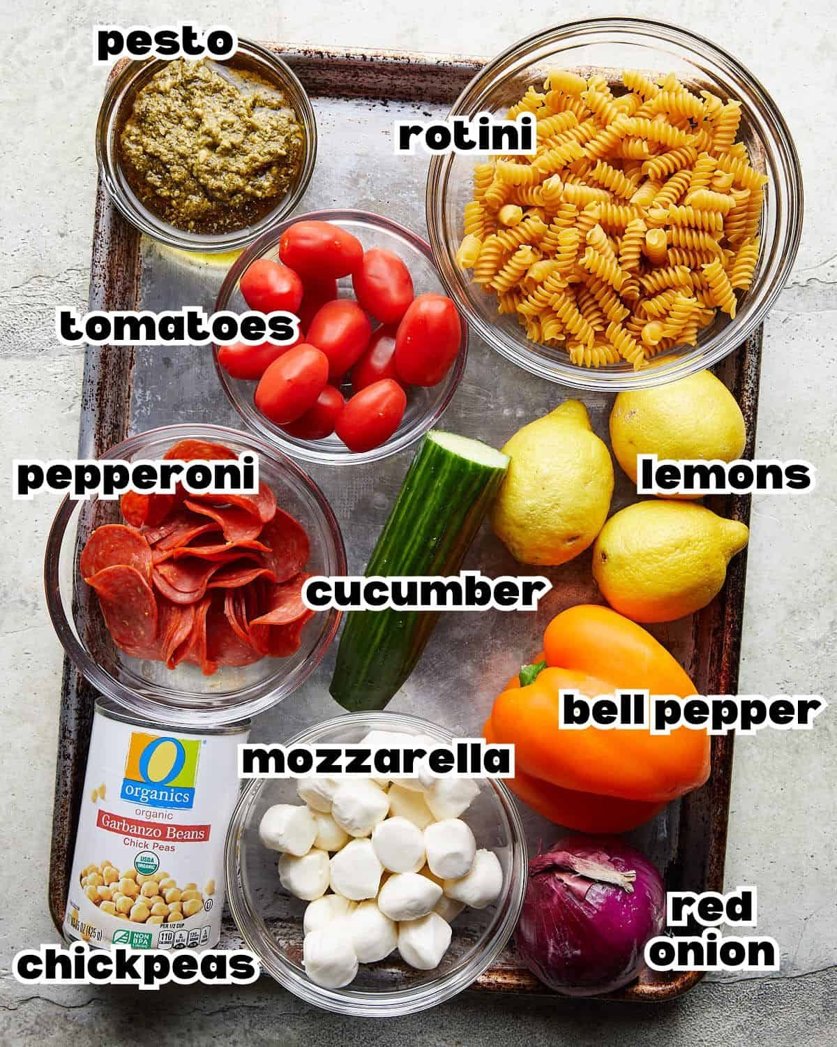 Overhead image of ingredients needed to make healthy Italian pasta.