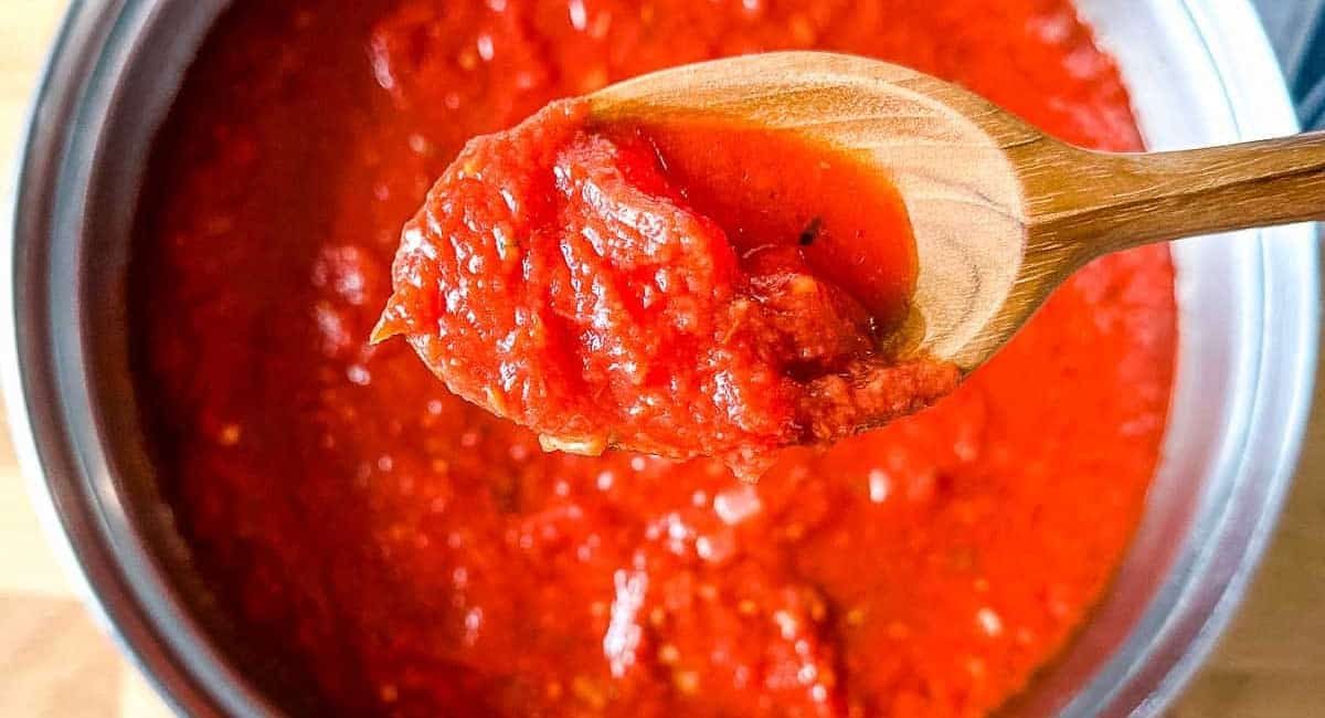 Overhead image of marinara sauce.