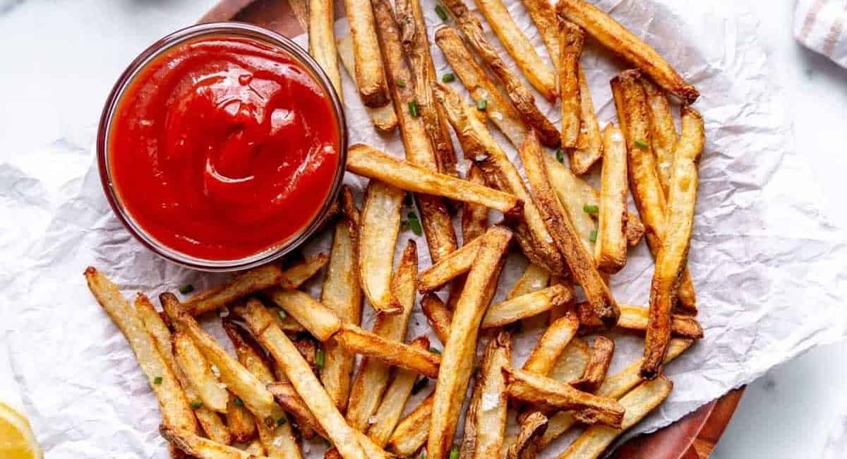 Overhead image of homemade french fries.