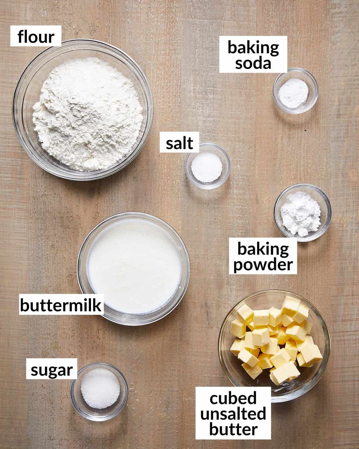 Ingredients needed to make homemade biscuits.