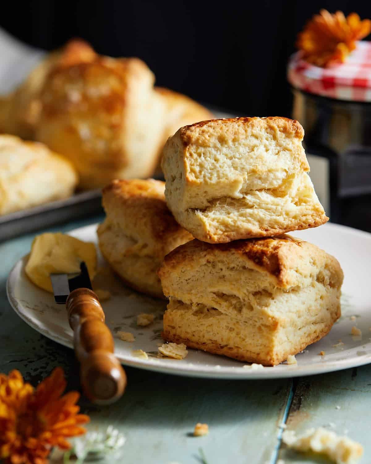 From scratch biscuits stacked on top of each other.
