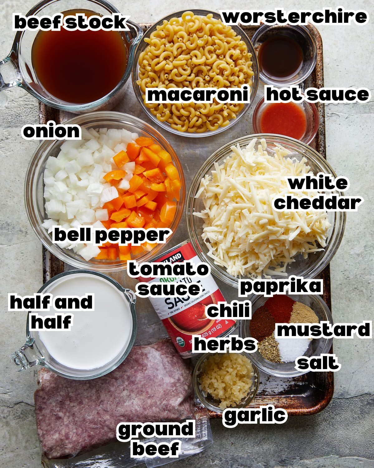 Overhead image of ingredients needed to make homemade hamburger helper.