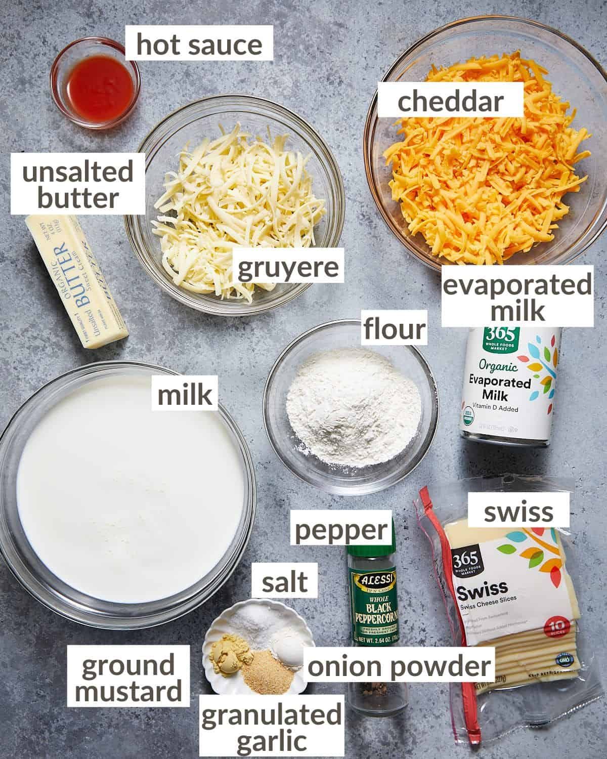 Ingredients needed to make cheese sauce for mac and cheese.