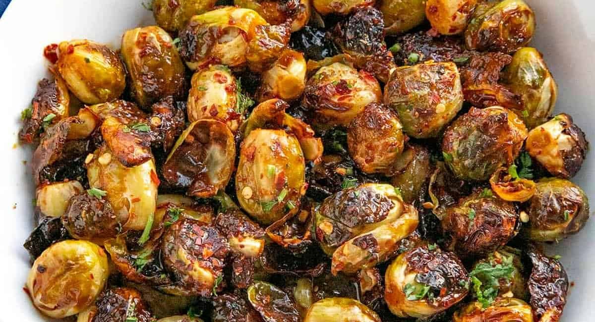 Overhead image of honey sriracha brussels sprouts.
