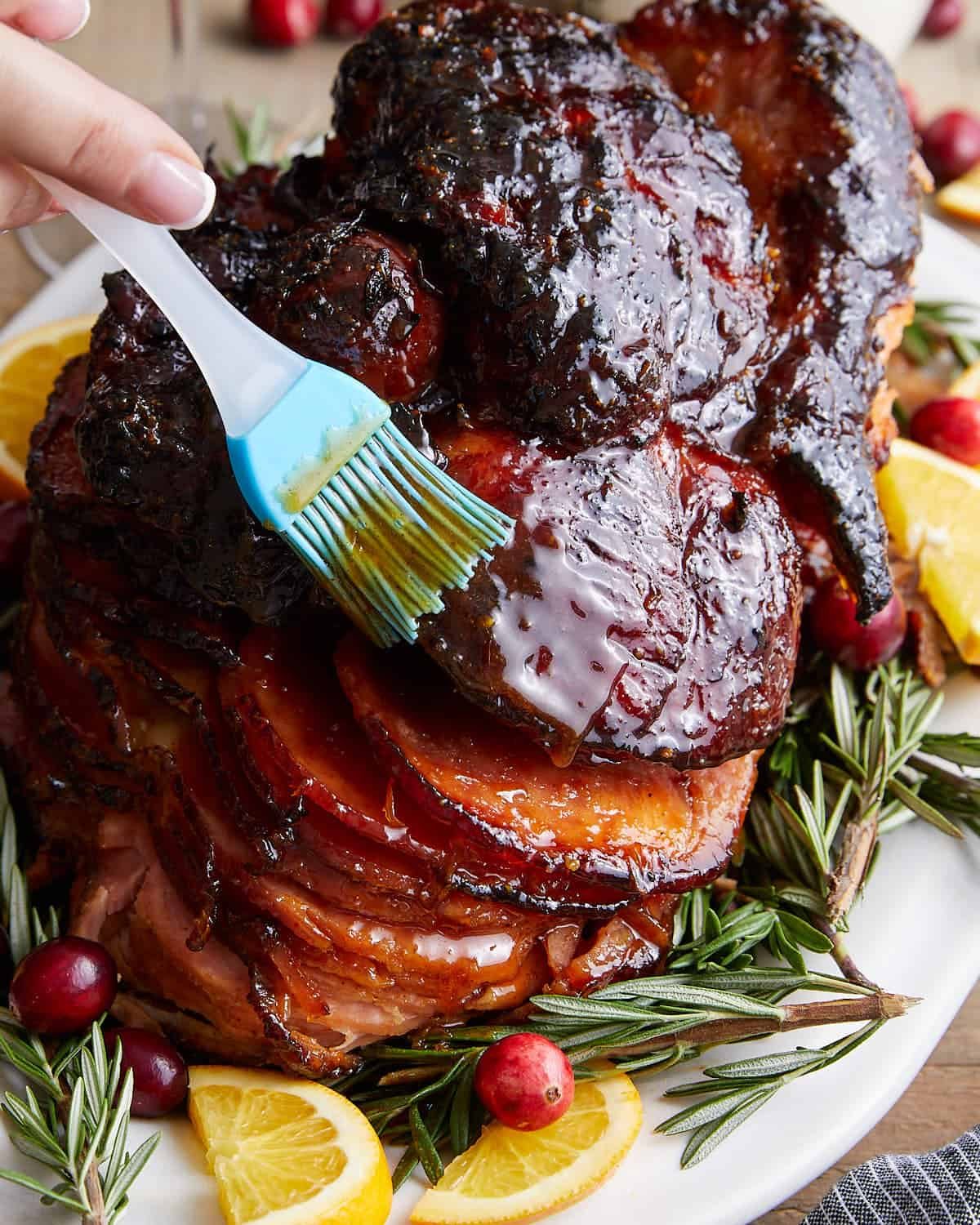 Up close image of honey glaze on ham.