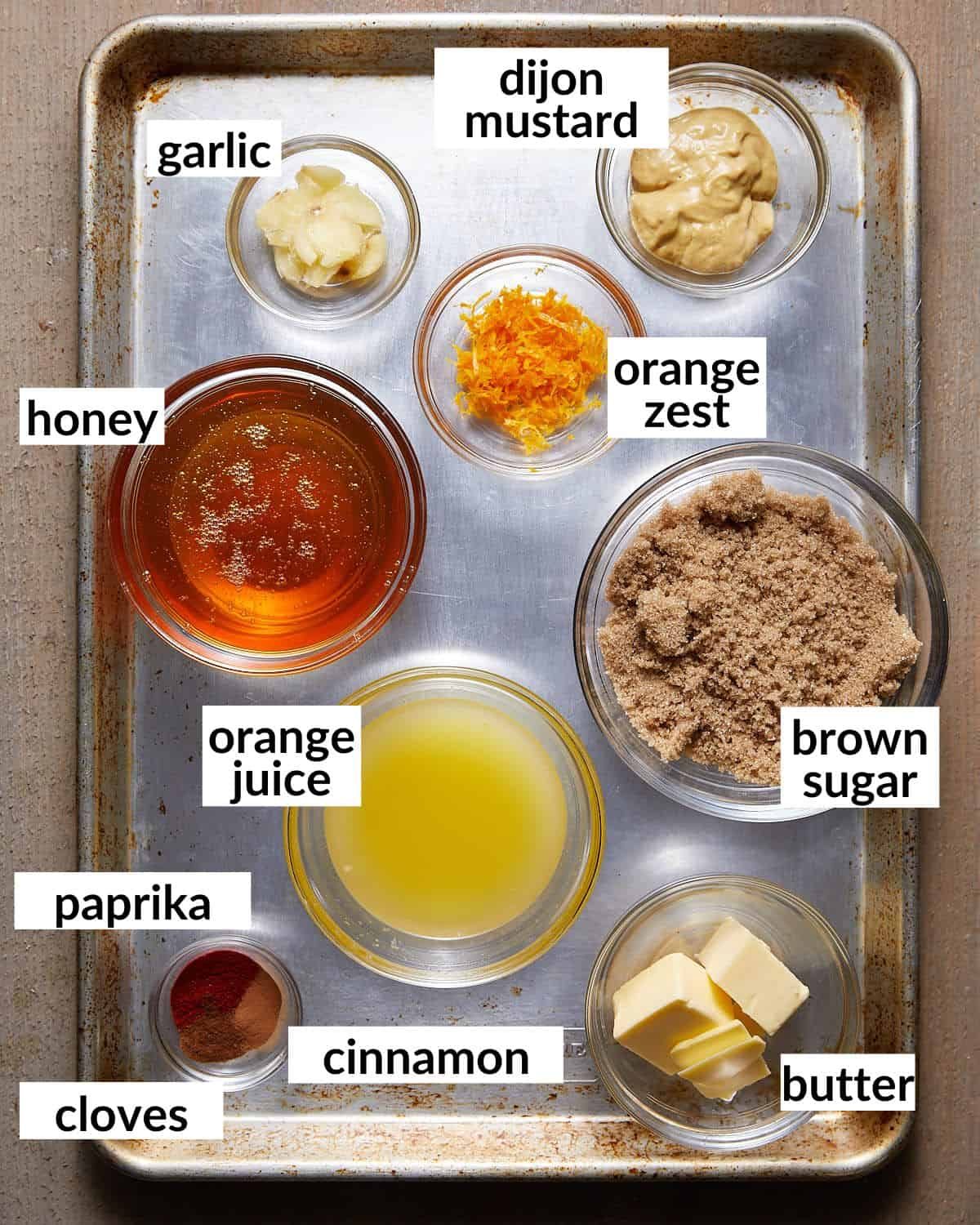 Overhead image of ingredients needed to make honey glaze.
