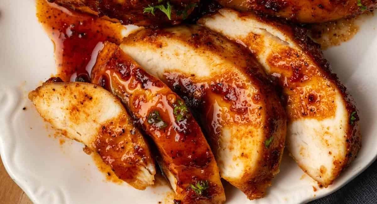 Overhead image of baked psicy honey chicken with garnish on white dish.