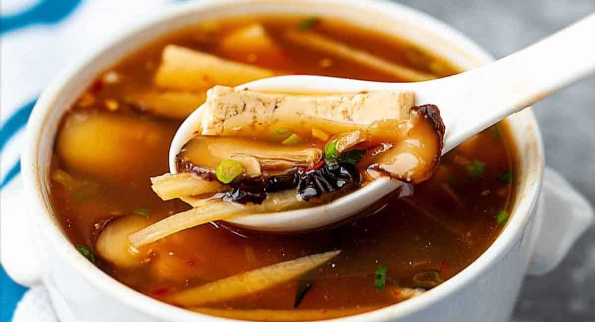 Up close image of Chinese hot and sour soup.