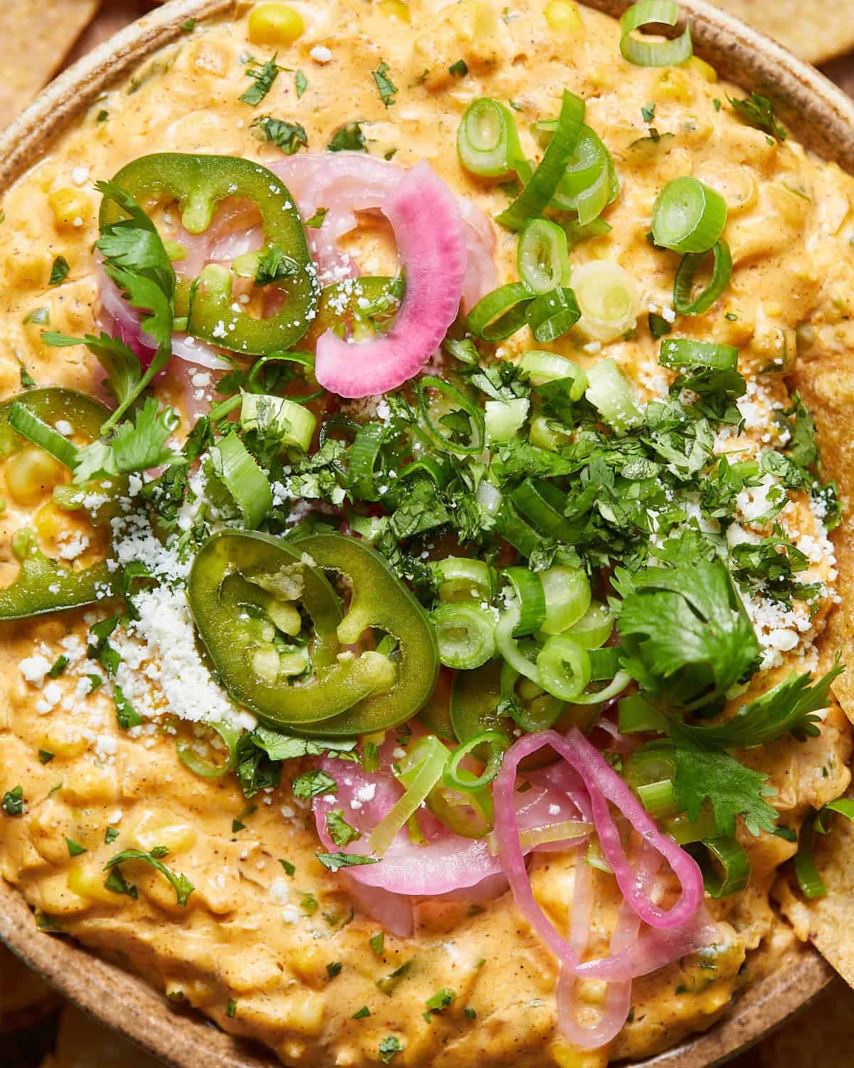 Up close image of hot elote dip.