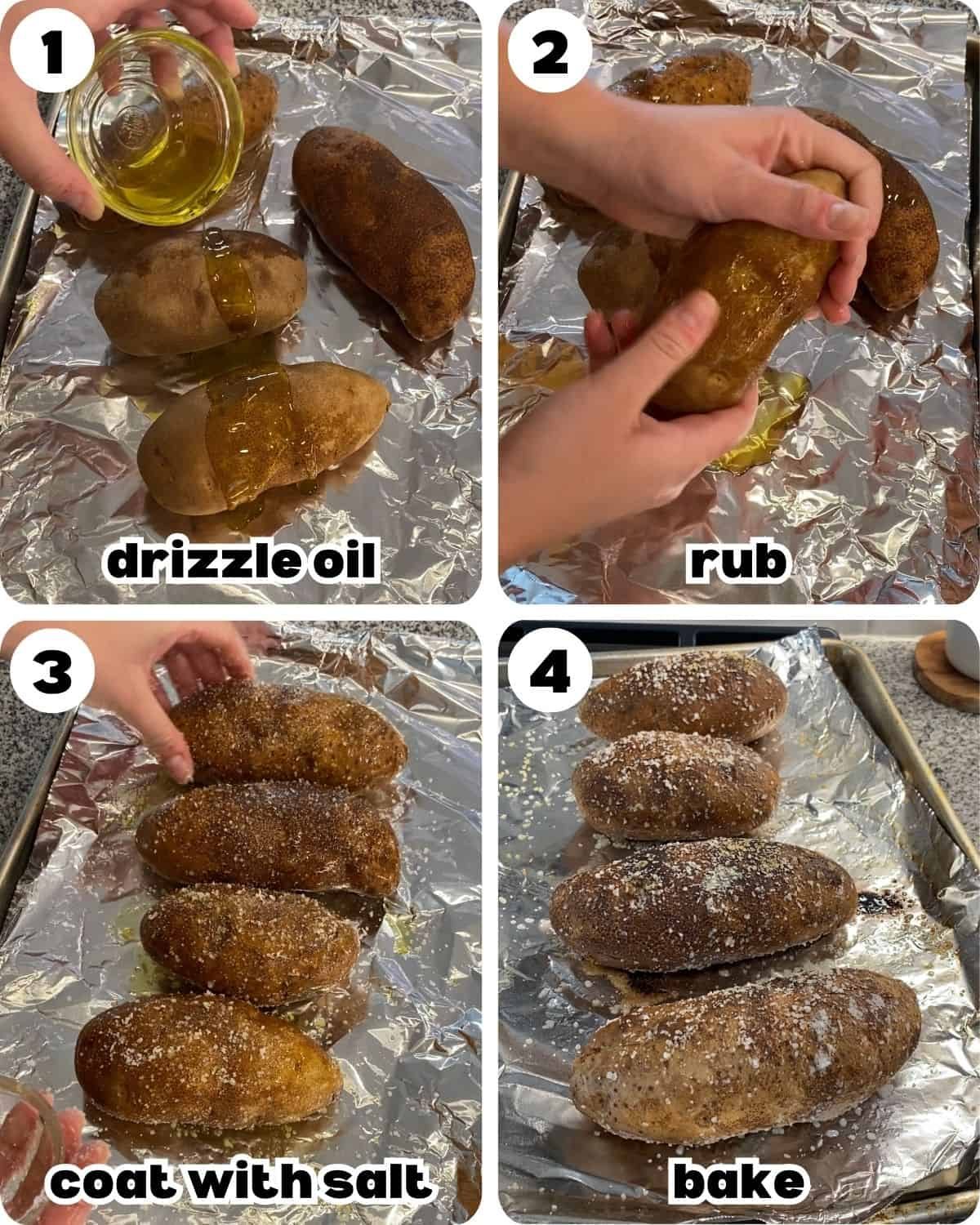 A four photo collage showing the steps for baked potatoes.