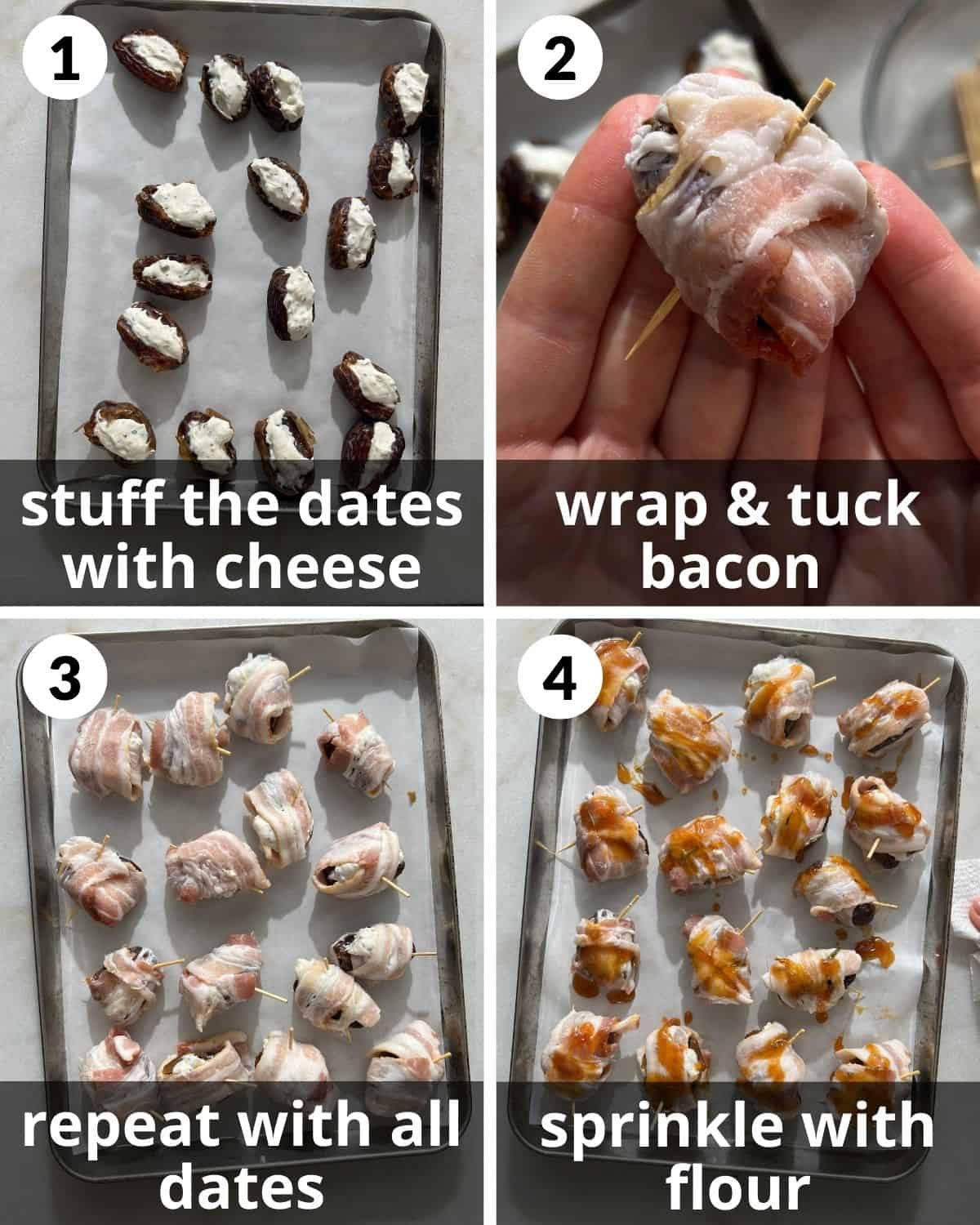A 4 photo collage showing the assembly of bacon wrapped dates with cream cheese.