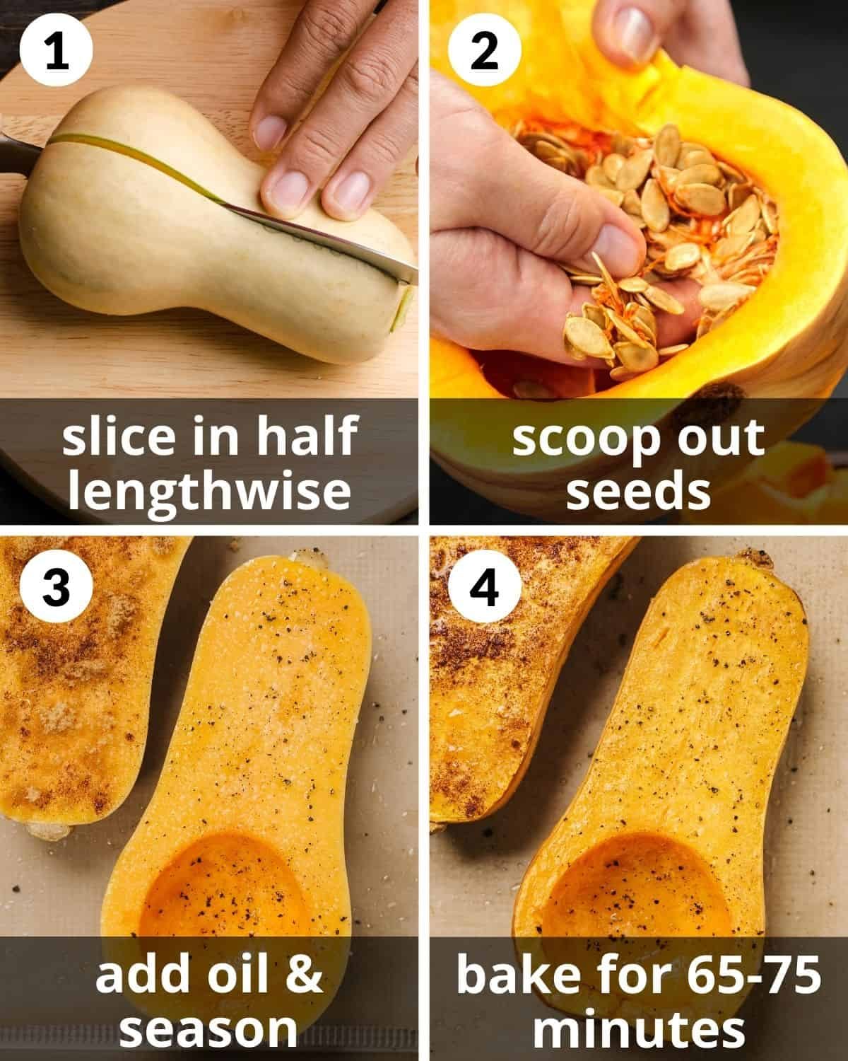 A 4 photo collage showing the steps for baked butternut squash.
