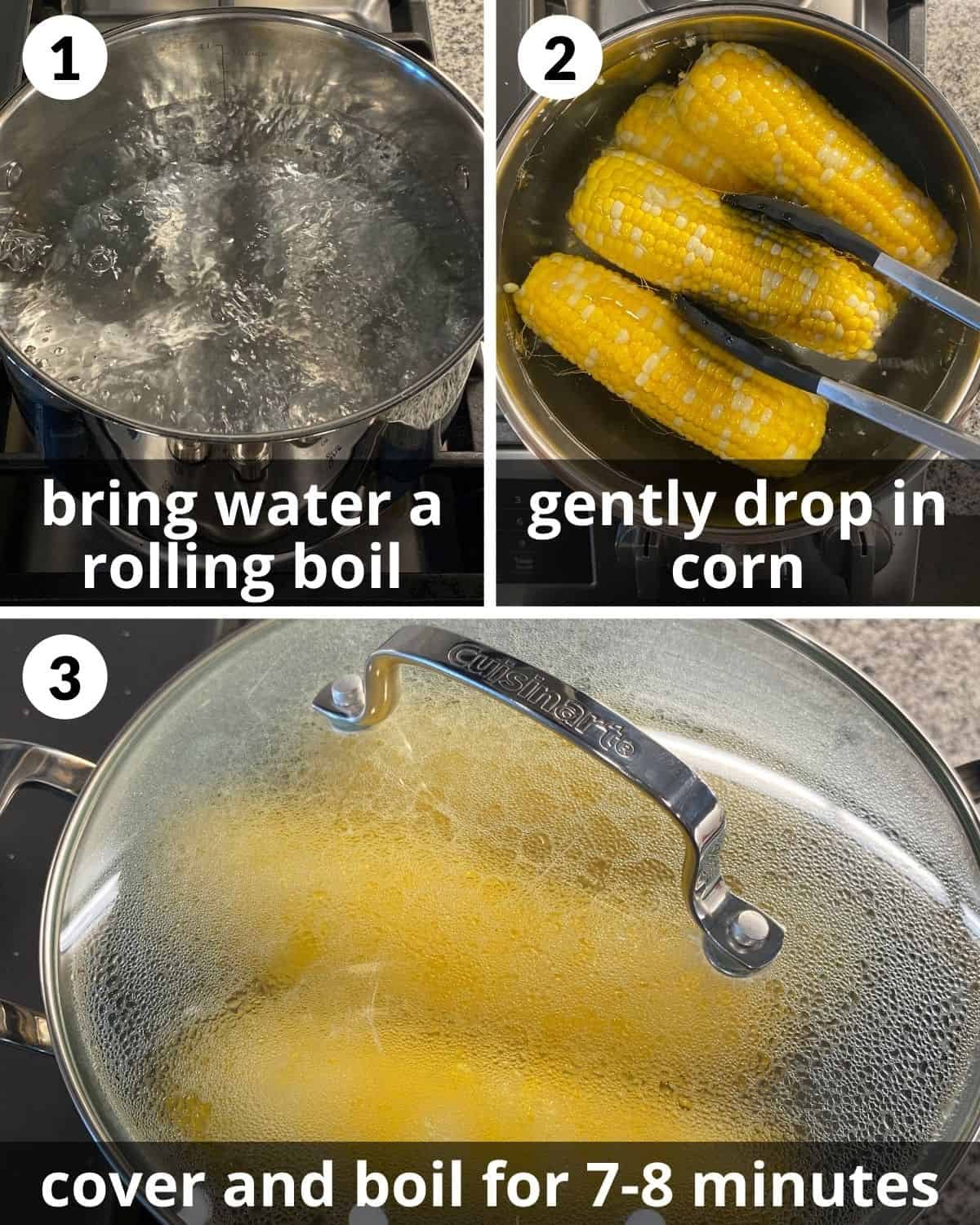 A 3 photo collage showing the beginning steps for chili lim corn on the cob.