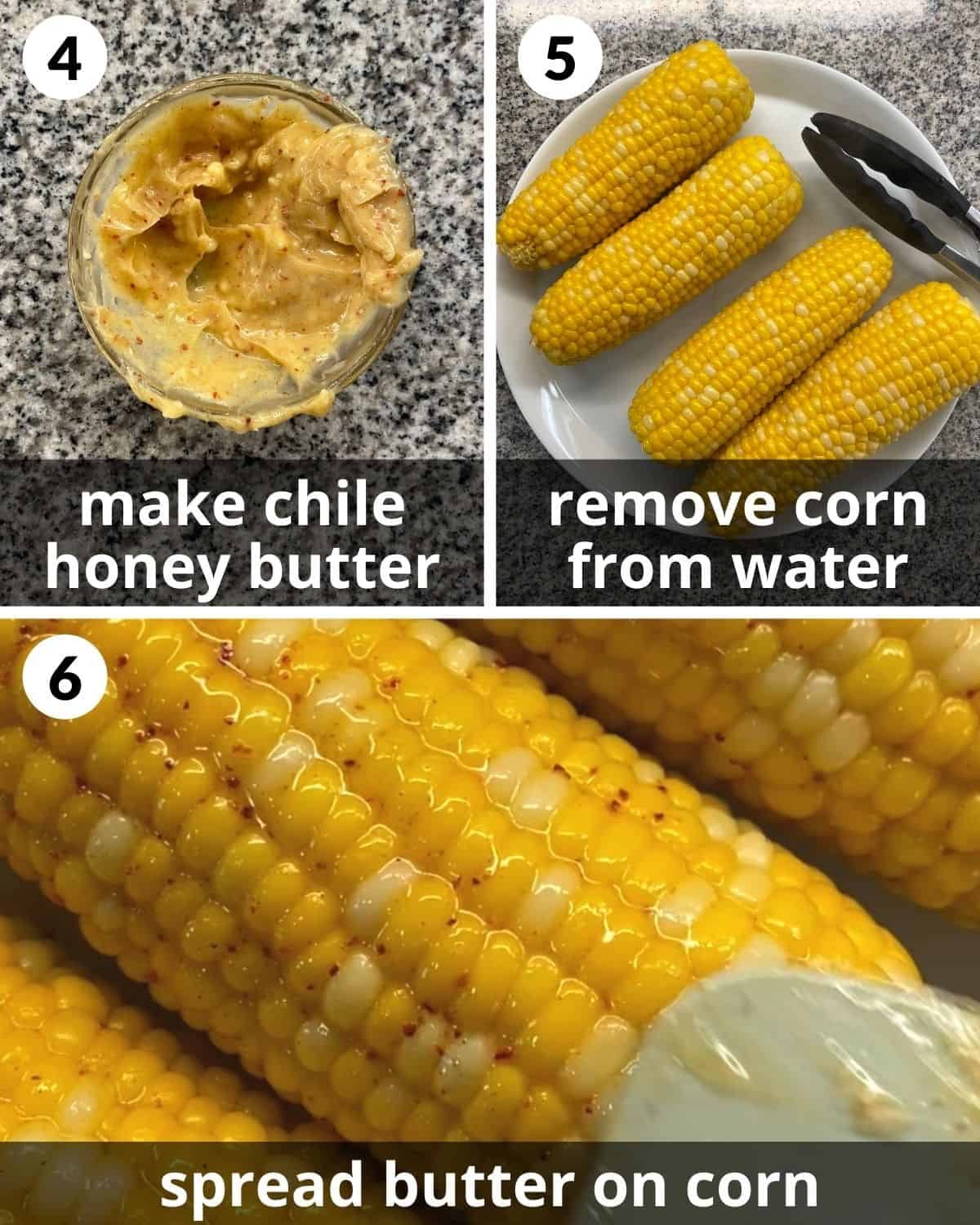 A 3 photo collage showing the final steps for chili lime corn on the cob.
