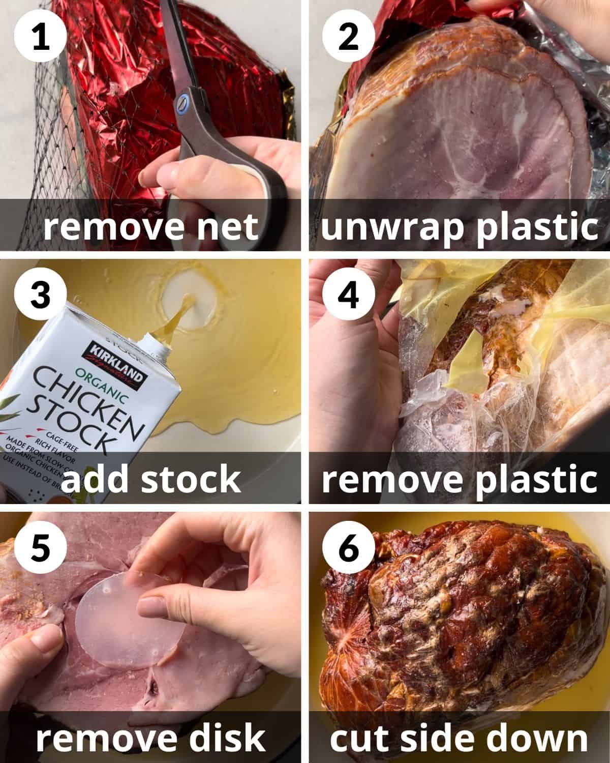 A 6 photo collage showing how to cook a spiral ham.