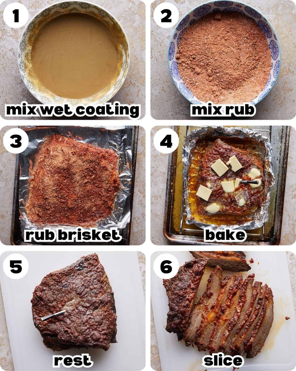 A 6 photo collage showing the steps for oven baked beef brisket.