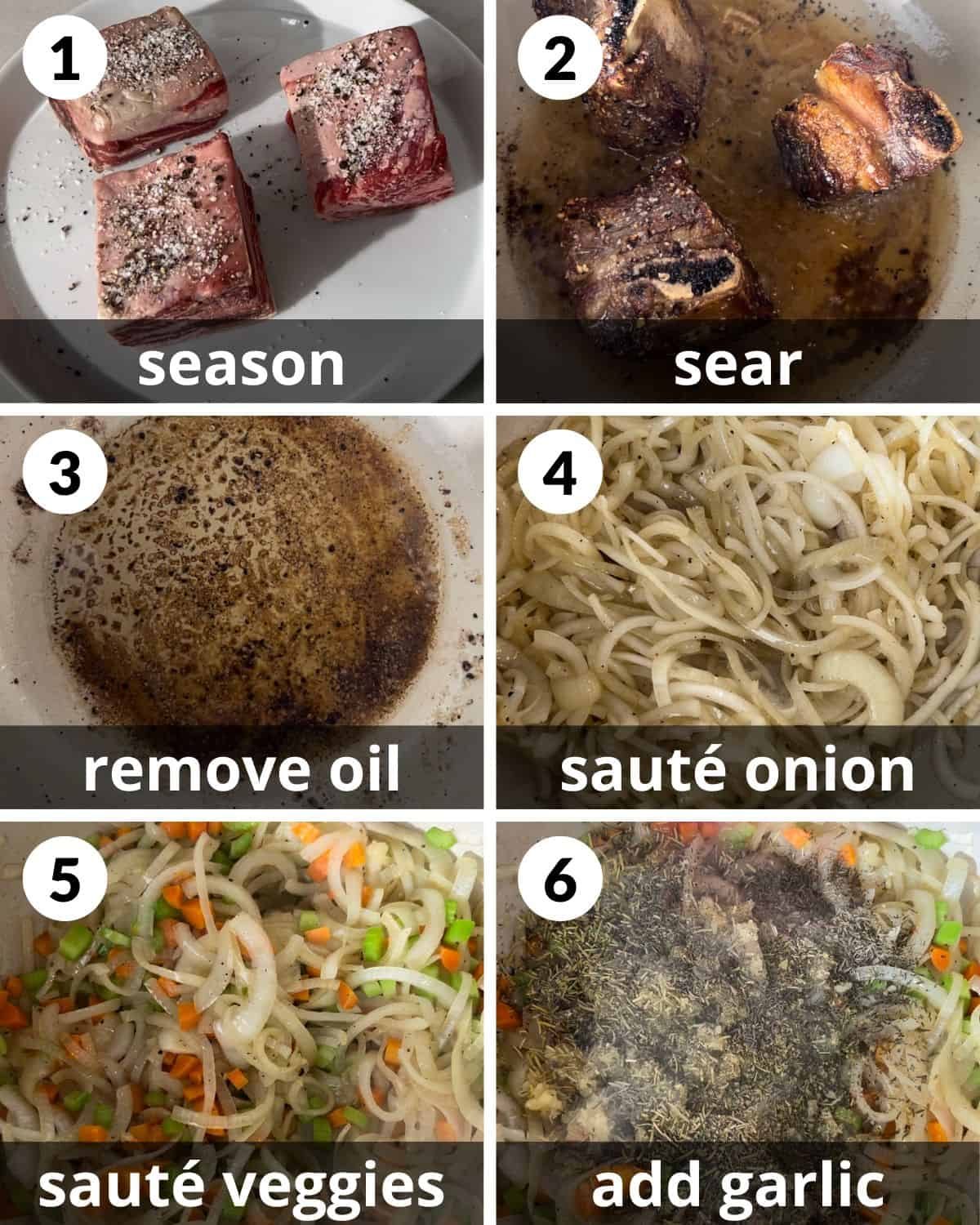 A 6 photo collage showing the assembly of red wine short ribs.