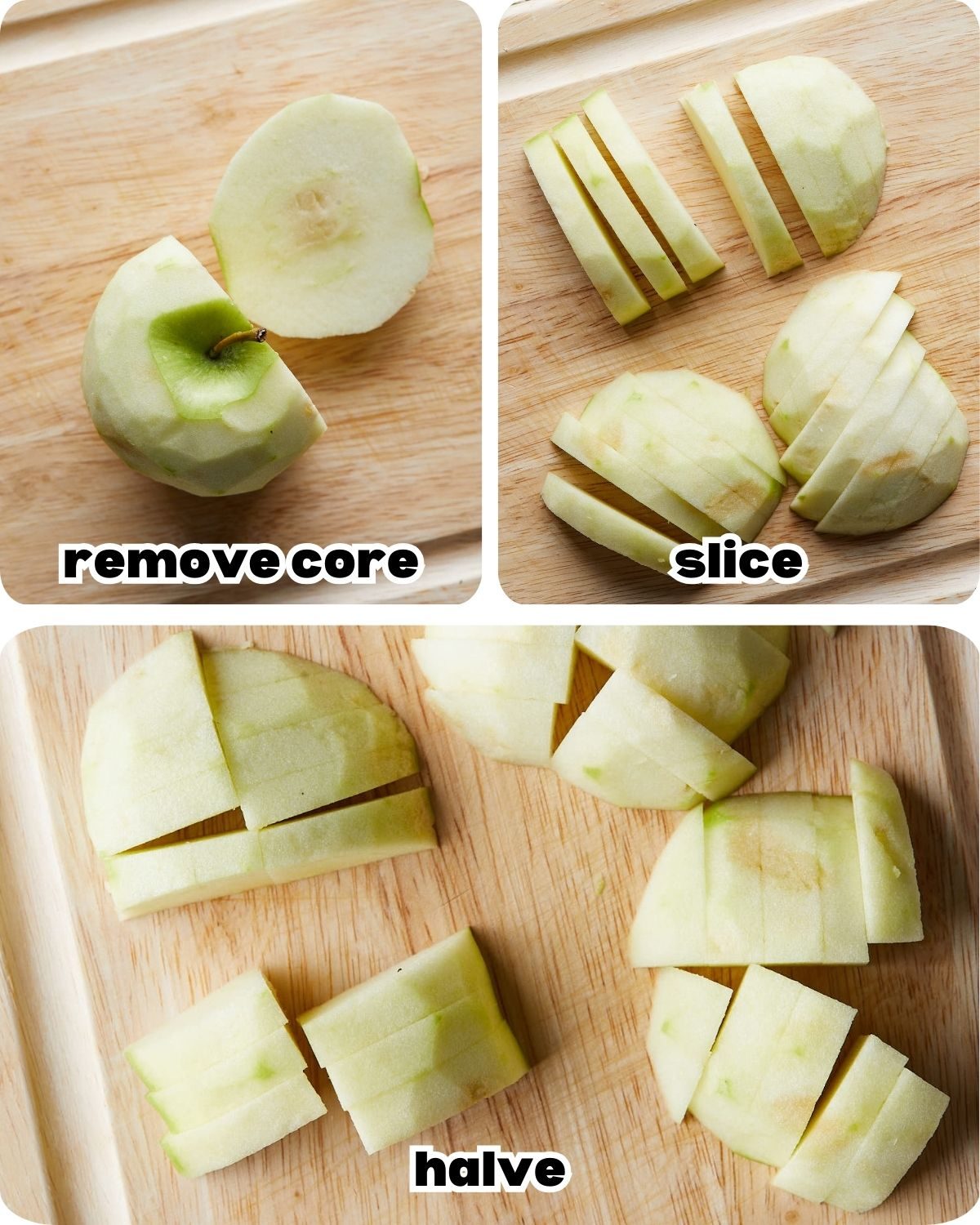 A three image collage showing hot to cut apples for dutch oven apple crisp.