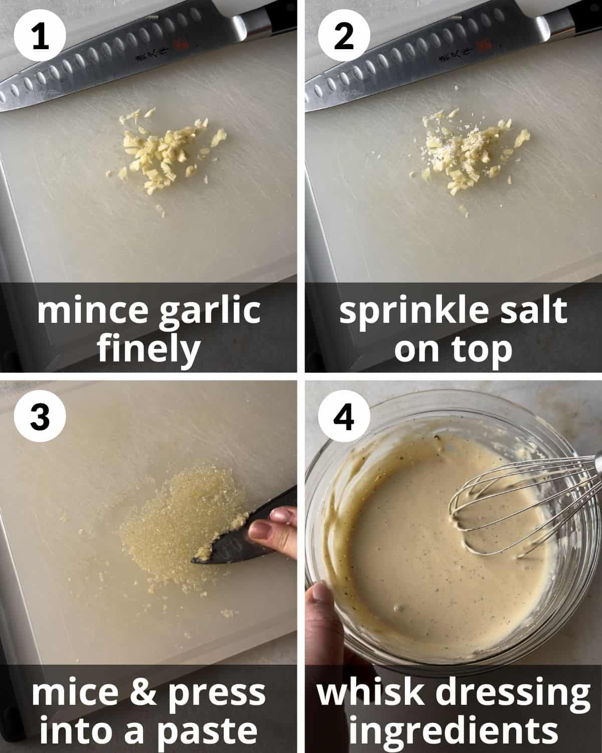 A 4 photo collage showing how to assemble a caesar salad.